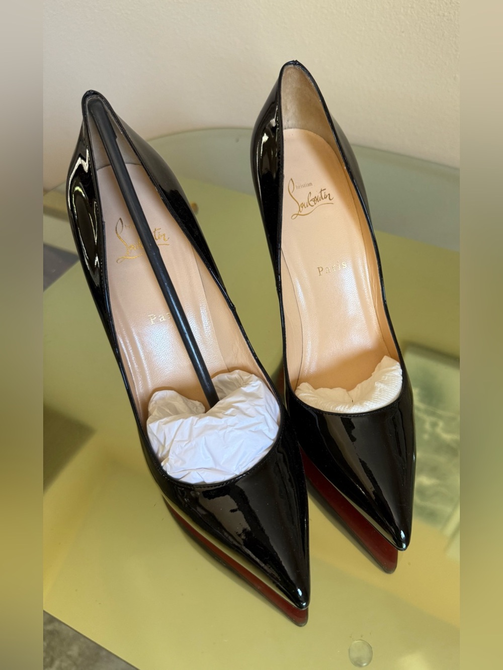 Christian Louboutin Black Patent Pointed Toe Pumps with Red Sole Accent